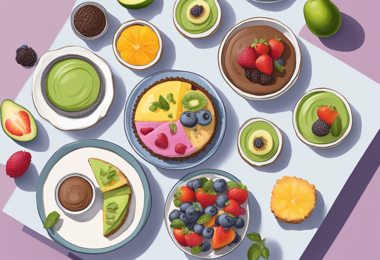 A colorful array of plant-based desserts arranged on a table, including fruit tarts, chia seed pudding, and avocado chocolate mousse