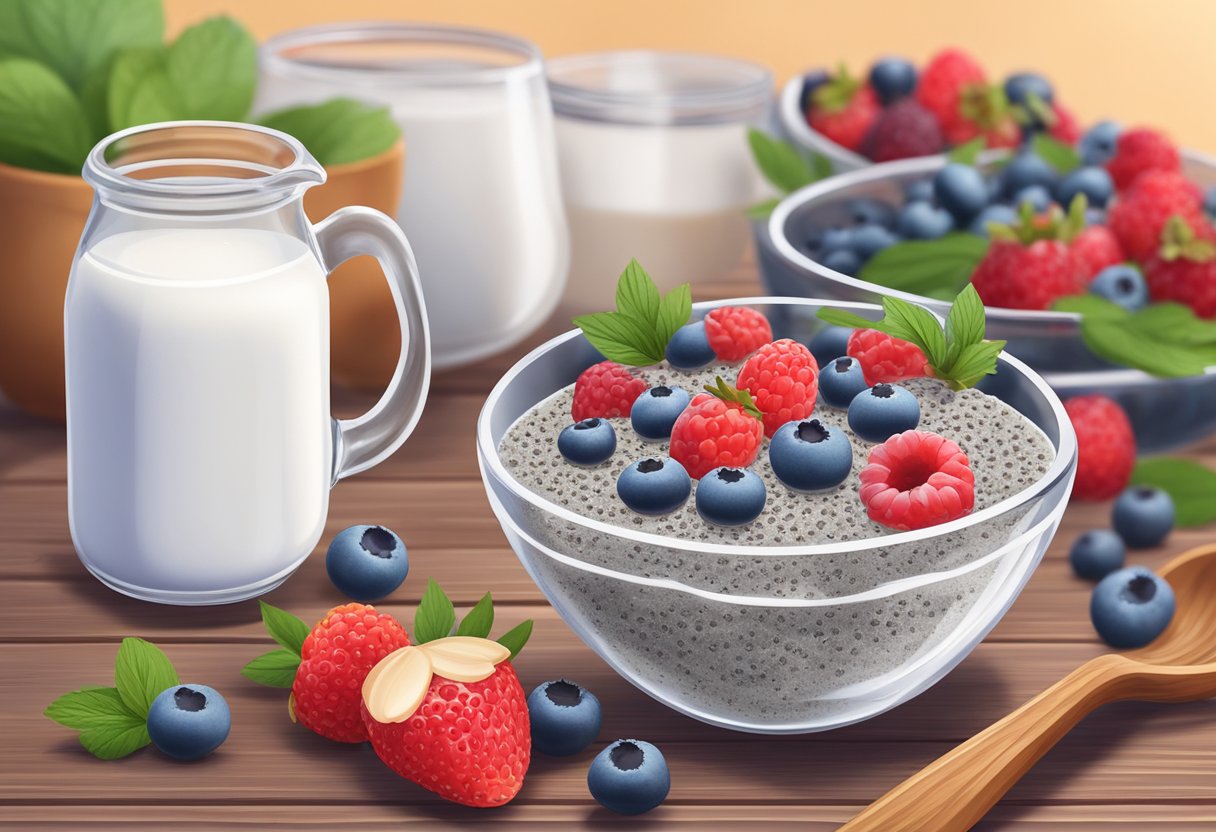 A glass bowl of chia seed pudding sits on a wooden table, surrounded by fresh berries and a pitcher of almond milk