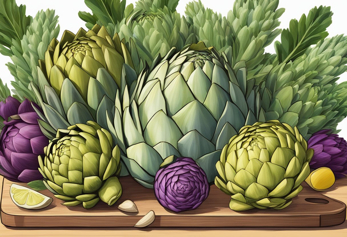 A colorful array of artichokes, along with other high-fiber vegan foods, arranged on a wooden cutting board