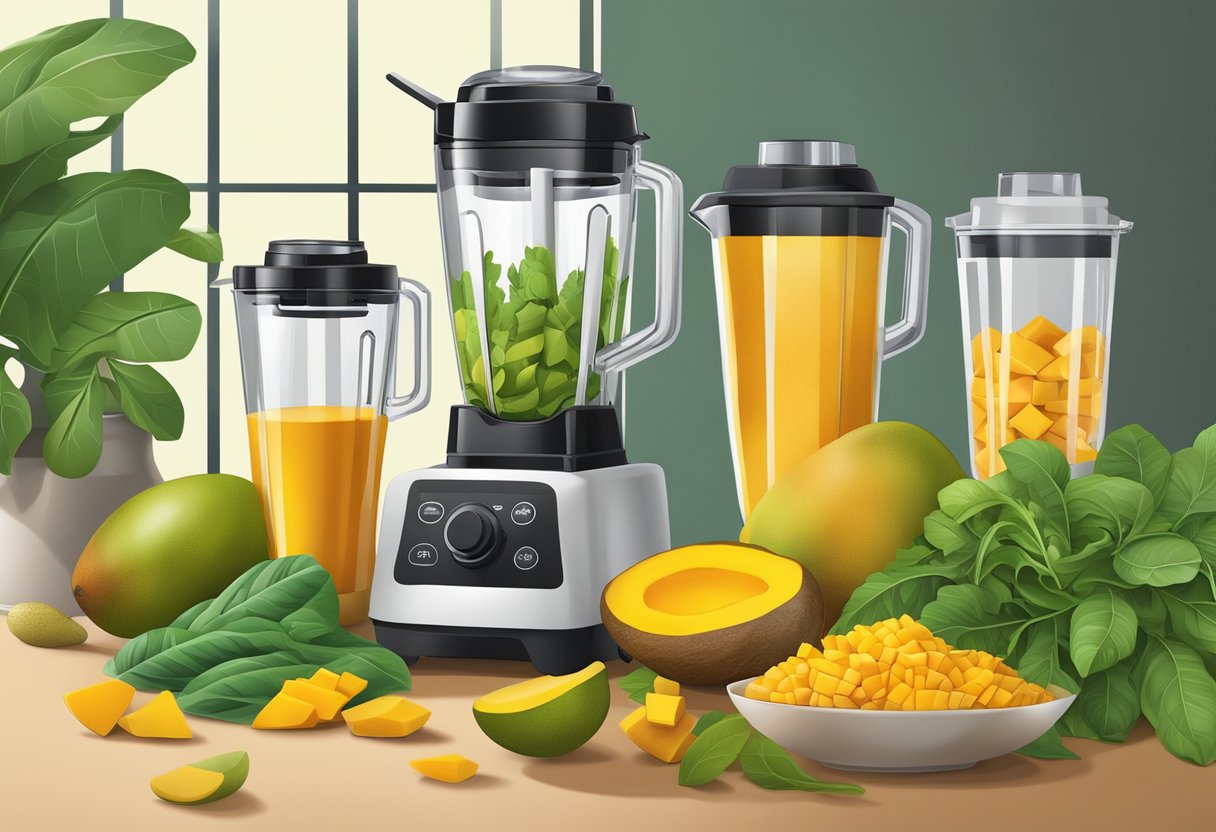 A vibrant array of fresh mangoes, turmeric roots, and leafy greens arranged next to a blender and glass jars