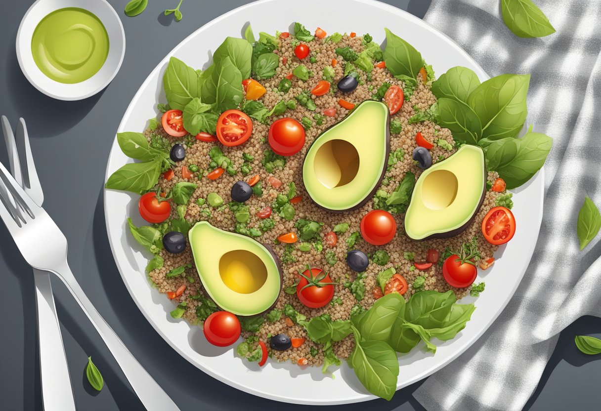 A colorful quinoa salad with avocado, cherry tomatoes, and mixed greens arranged on a white plate. A fork and knife are placed neatly beside the dish