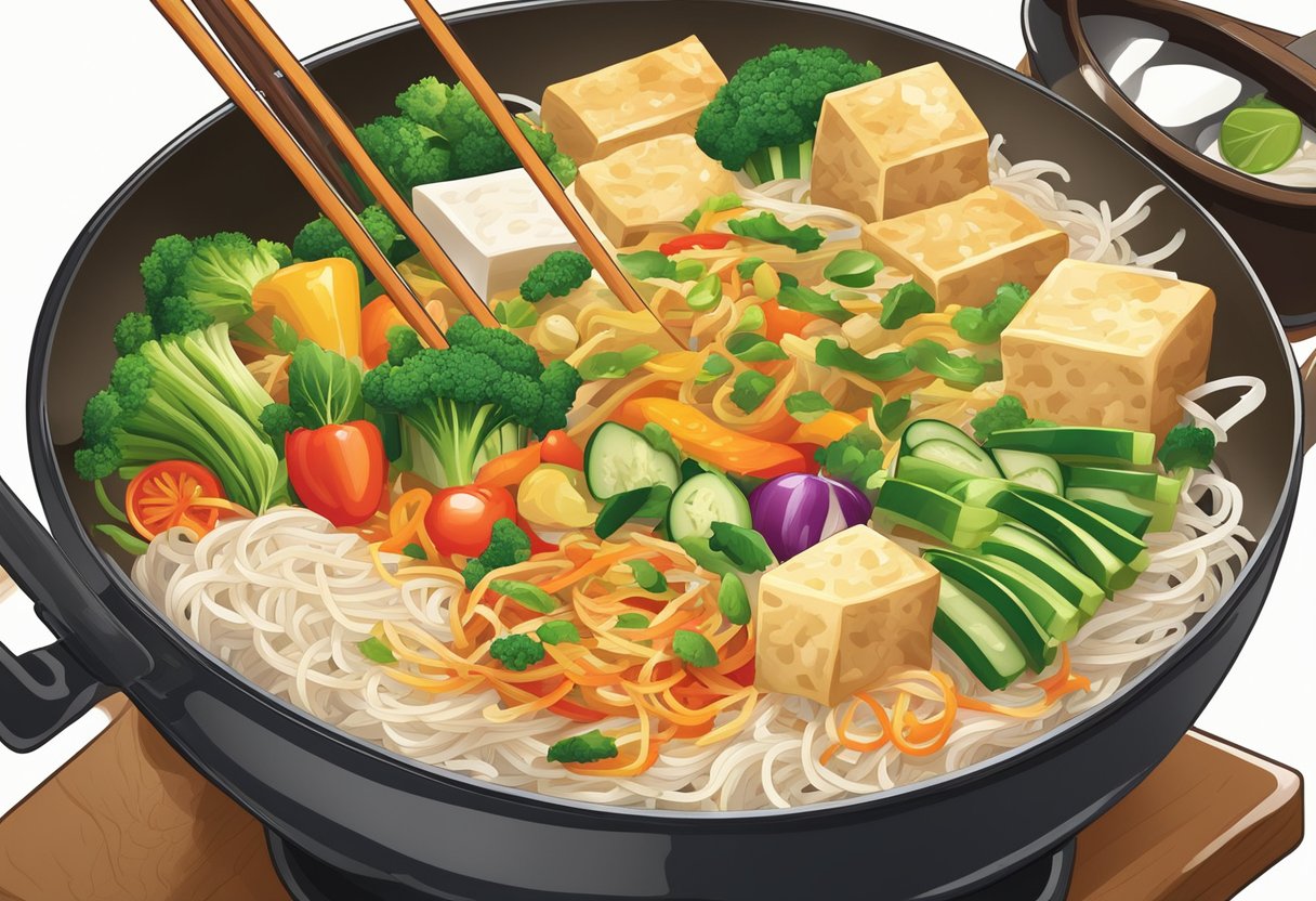 A colorful array of fresh vegetables, tofu, and rice noodles stir-frying in a wok, with a vibrant sauce being poured over the top