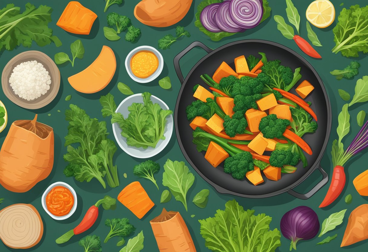 A colorful stir-fry sizzling in a wok, filled with vibrant sweet potatoes and leafy kale, surrounded by a variety of fresh vegetables and herbs