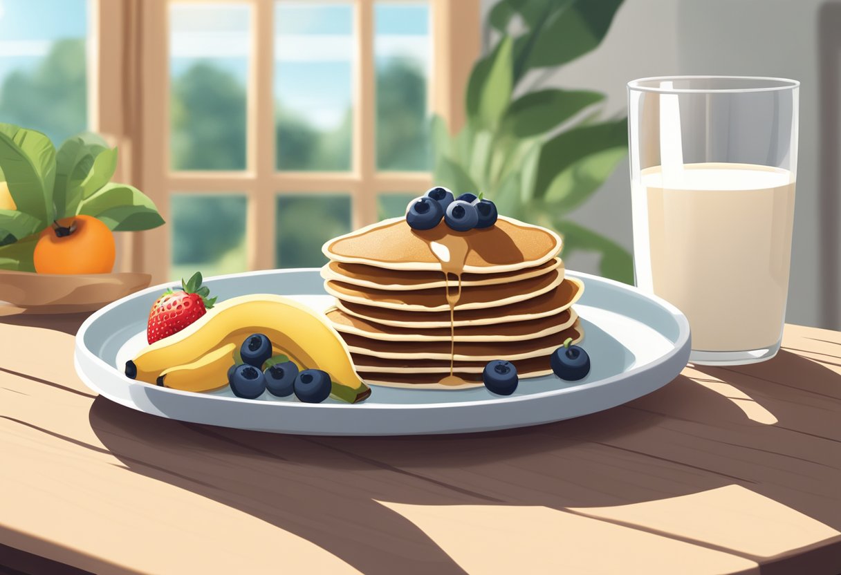 A plate of vegan banana oat pancakes surrounded by fresh fruit and a glass of plant-based milk, set on a wooden table with a bright morning light streaming in through a window