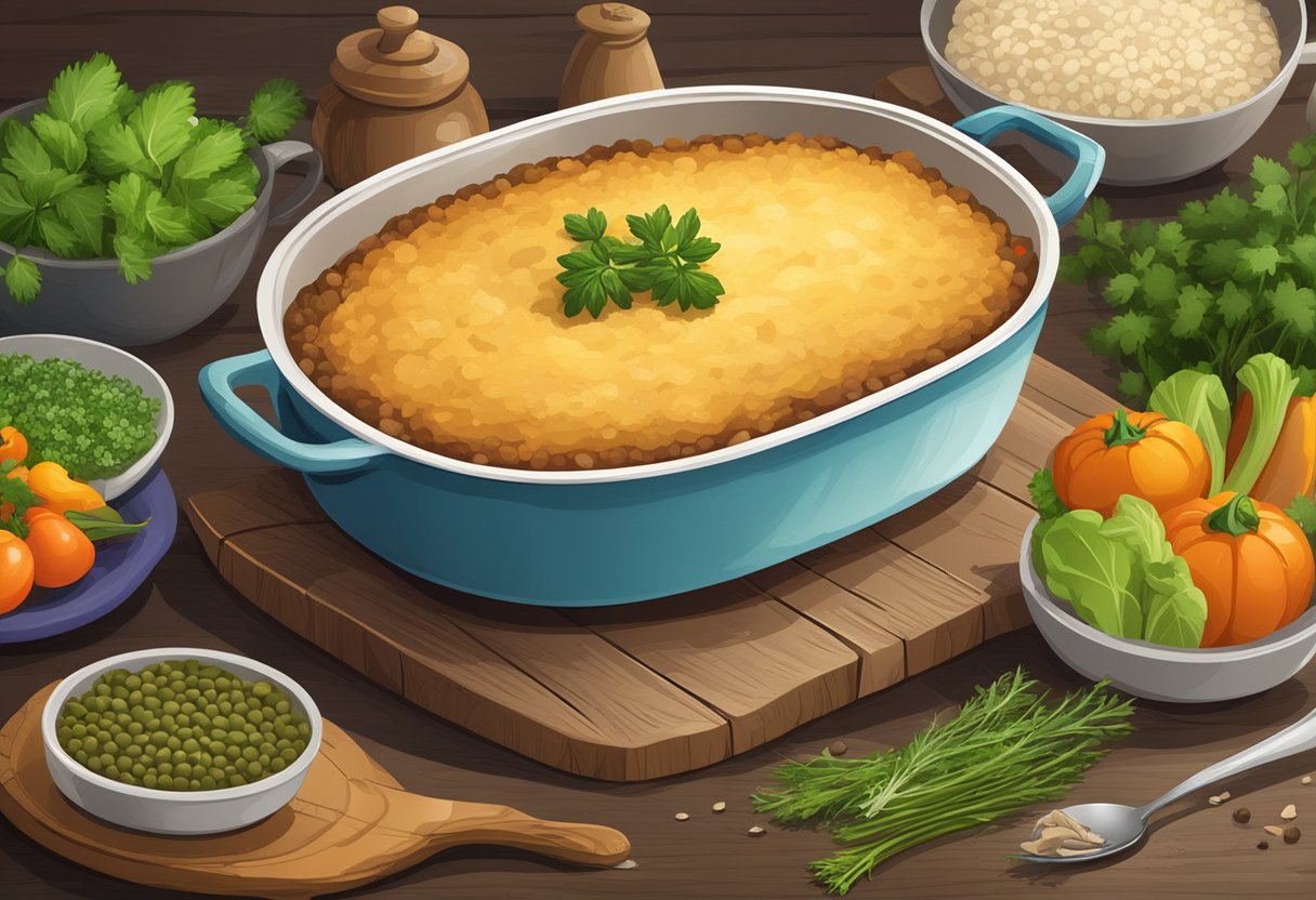 A rustic wooden table set with a steaming Lentil and Mushroom Shepherd’s Pie surrounded by fresh herbs and colorful vegetables