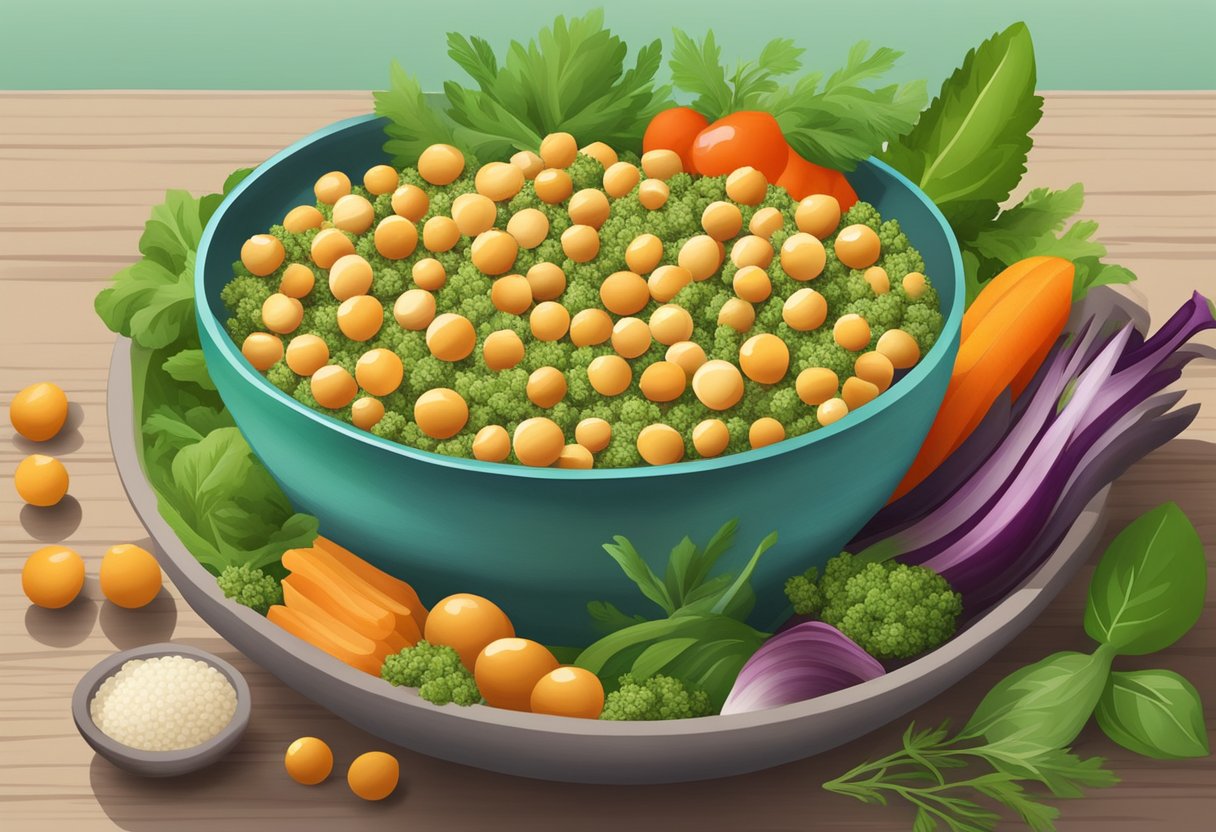 A colorful bowl filled with chickpeas, quinoa, and assorted vegetables, surrounded by vibrant green leaves and herbs