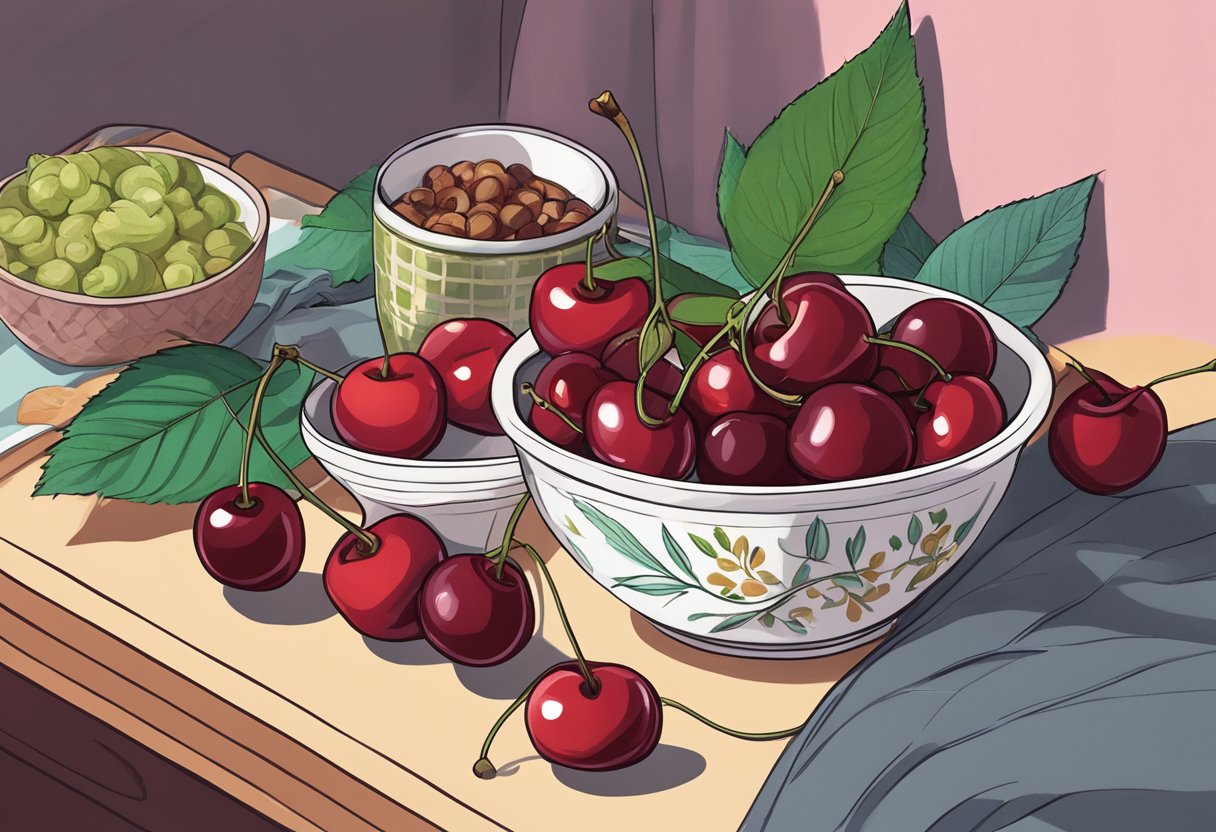 A bowl of cherries surrounded by other vegan foods on a nightstand next to a bed