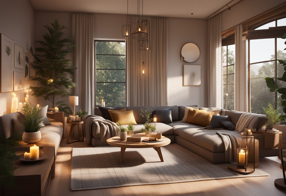 A cozy living room with warm lighting, soft blankets, and comfortable seating, surrounded by candles and natural elements what is hygge style