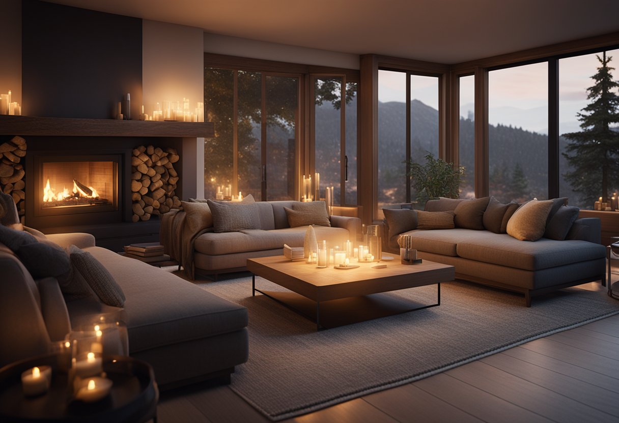 A cozy living room with warm lighting, soft blankets, and comfortable seating. A crackling fireplace adds warmth, while candles create a peaceful ambiance what is hygge style