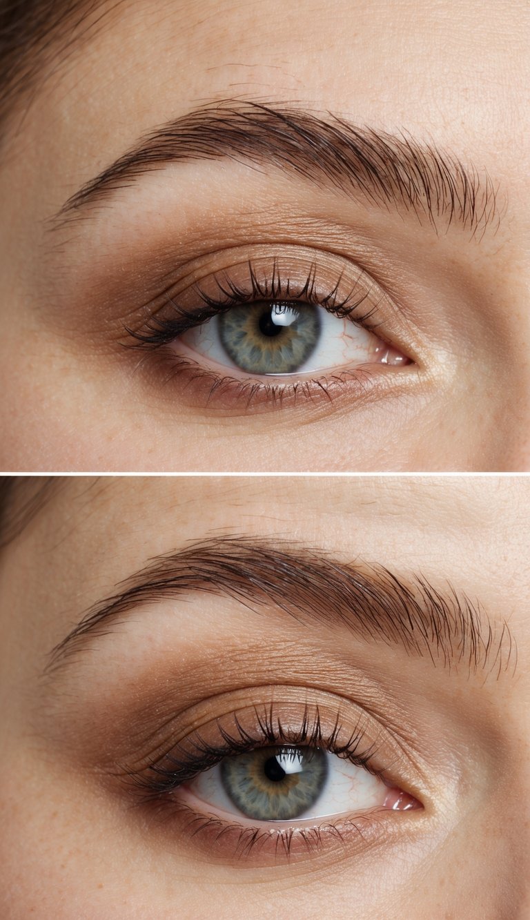 A close-up of a natural eye with soft matte eyeshadow in shades of brown and beige, creating a fresh and subtle daytime makeup look