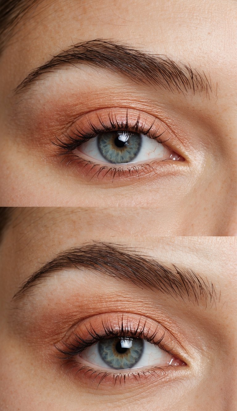 A close-up of an eye with soft coral eyeshadow blending into natural matte shades, creating a fresh and subtle daytime look