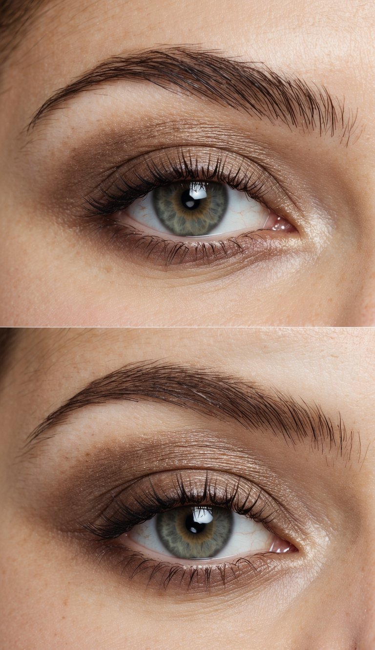 A close-up of a pair of eyes with earthy taupe eyeshadow in soft matte finish, with a light touch of shimmer for a fresh and natural daytime look