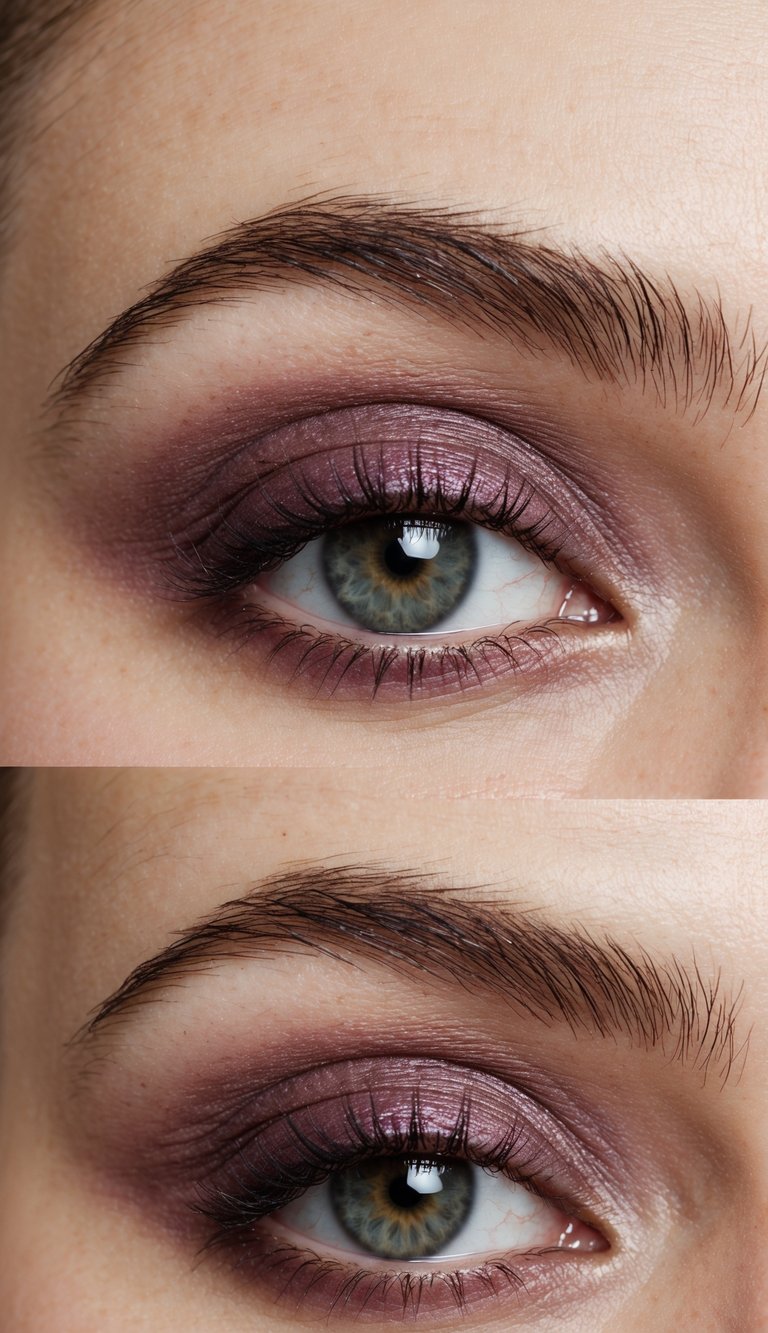 A close-up of an eye with soft matte plum eyeshadow and a sweep of natural colors