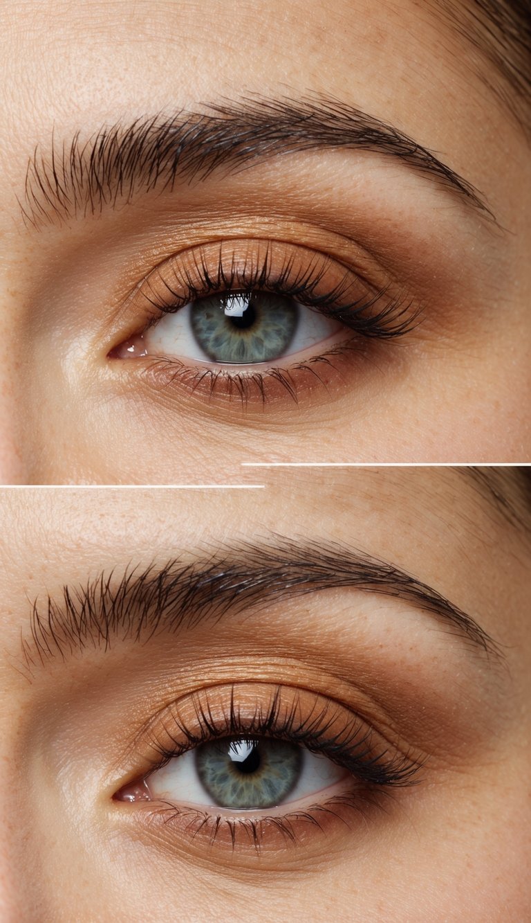 A close-up of an eye with soft matte eyeshadow in cinnamon and cream tones, creating a fresh and natural look