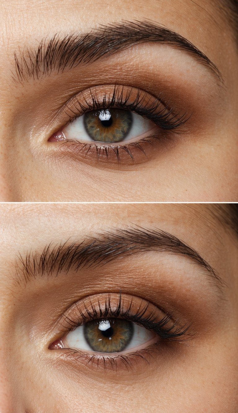 A close-up of an eye with caramel brown eyeshadow in soft matte and light shades, creating a fresh and natural daytime makeup look