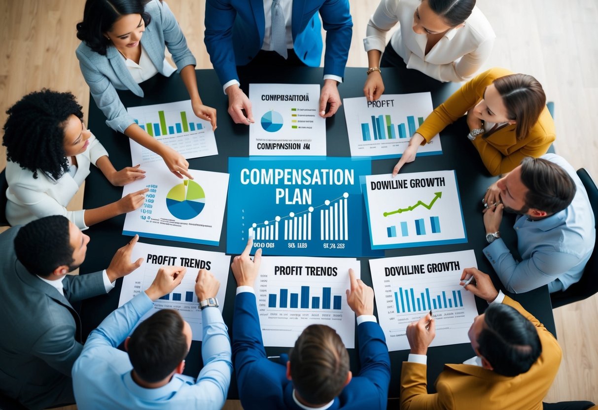 A group of people gather around a table, reviewing a compensation plan and discussing network marketing strategies. Charts and graphs are spread out, showing profit trends and downline growth