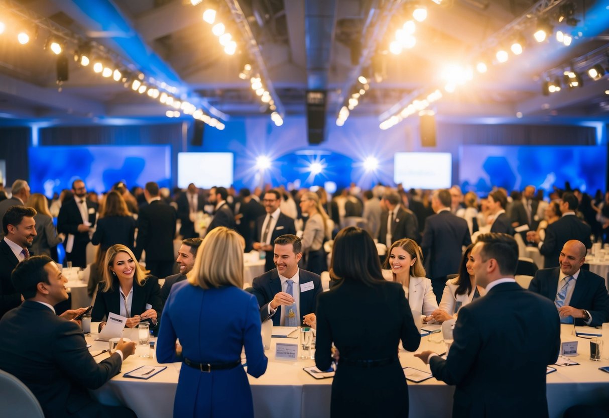 A bustling network marketing event with people networking and exchanging business cards under bright, flashing lights