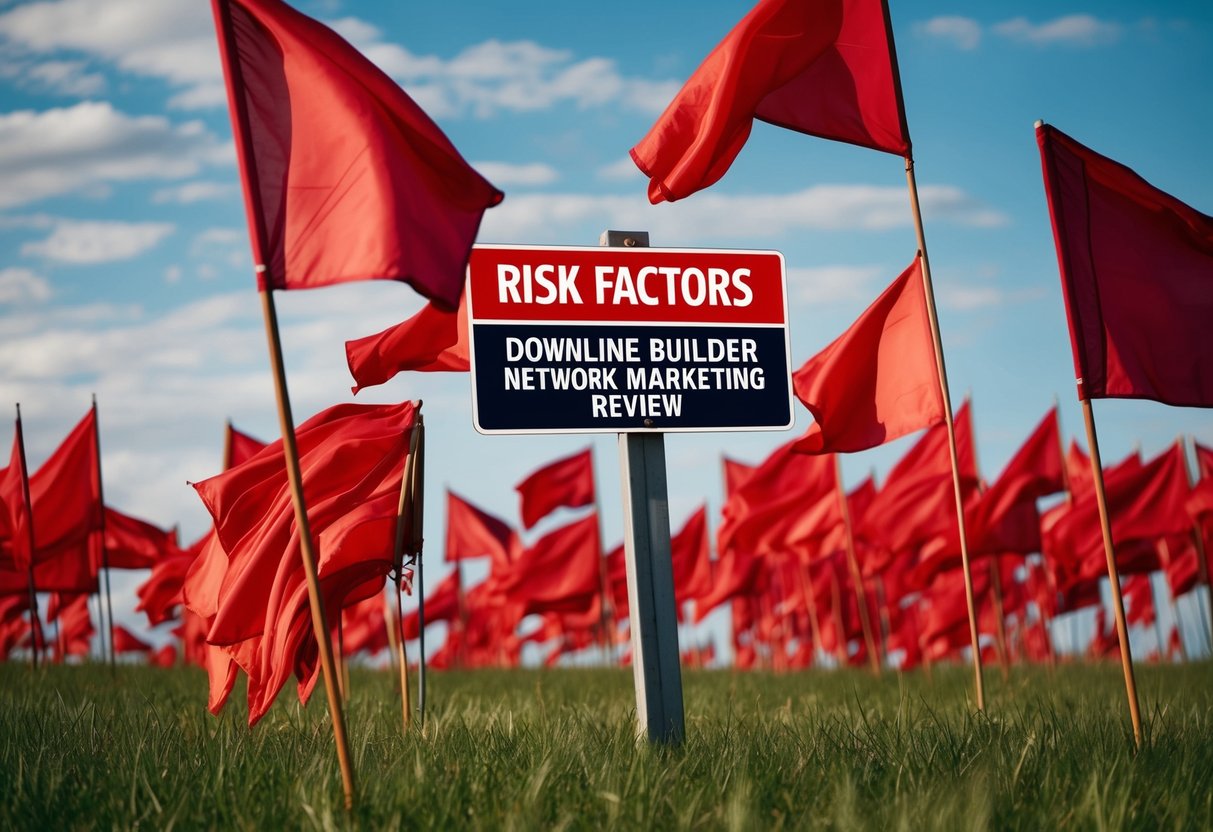 A group of tangled red flags wave in the wind, surrounding a signpost with the words "Risk Factors" and "Downline Builder Network Marketing Review"