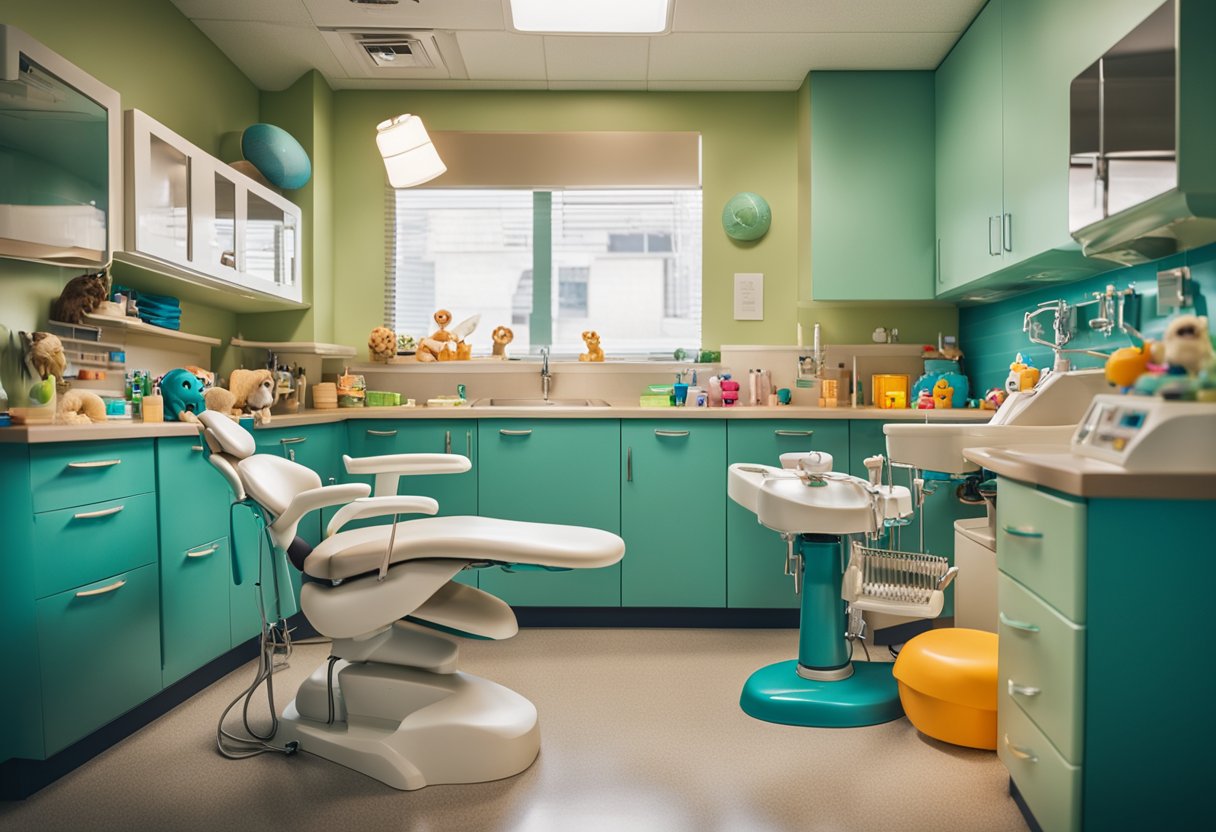 A dentist's office with colorful toys, a small sink, and child-sized dental chairs, surrounded by friendly animal-themed decor