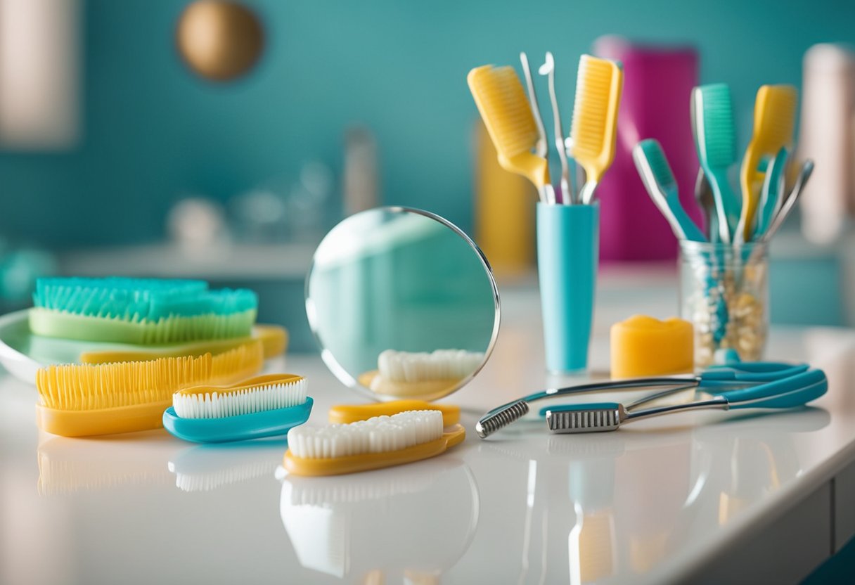 A table with dental tools: toothbrush, floss, mirror, and model teeth. A colorful poster with dental hygiene tips on the wall