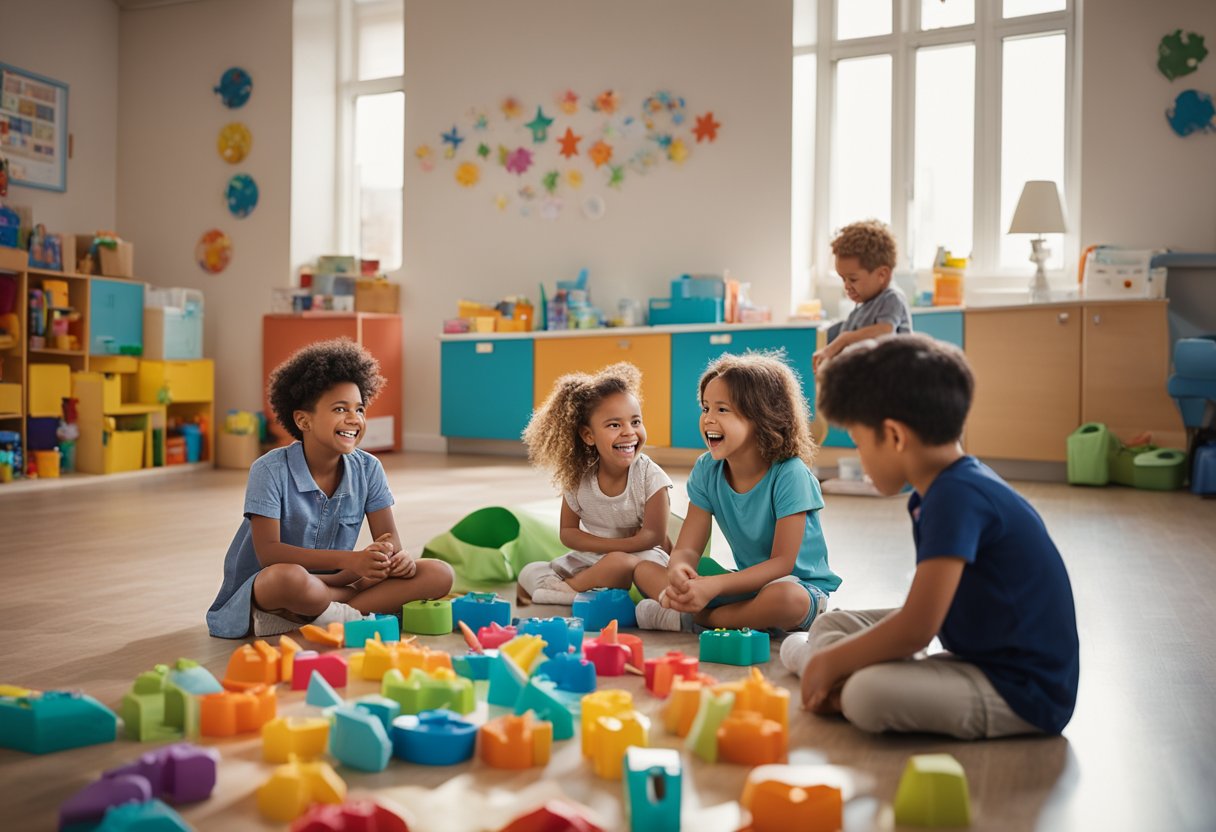 A group of preschool-aged children sit in a circle on the floor, surrounded by colorful dental props and educational materials. A dentist stands in the center, engaging the children in a fun and interactive dental education activity