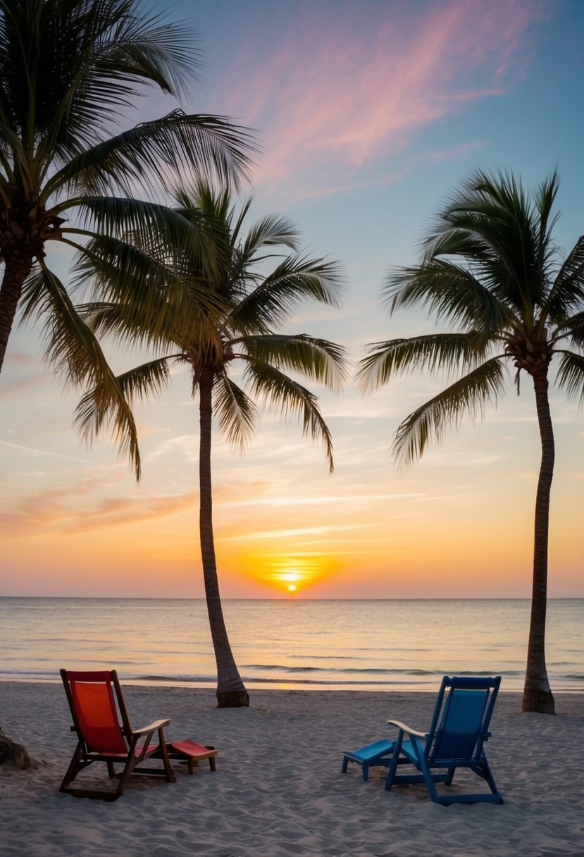 A serene beach at sunset with palm trees, a couple of beach chairs, and a calm ocean with a colorful sky in the background
