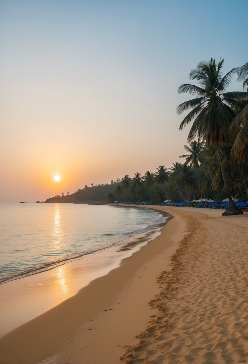Golden sands, palm trees, and clear blue waters stretch along the serene beaches of Goa, India. The sun sets over the tranquil scene, creating a romantic atmosphere for honeymooners