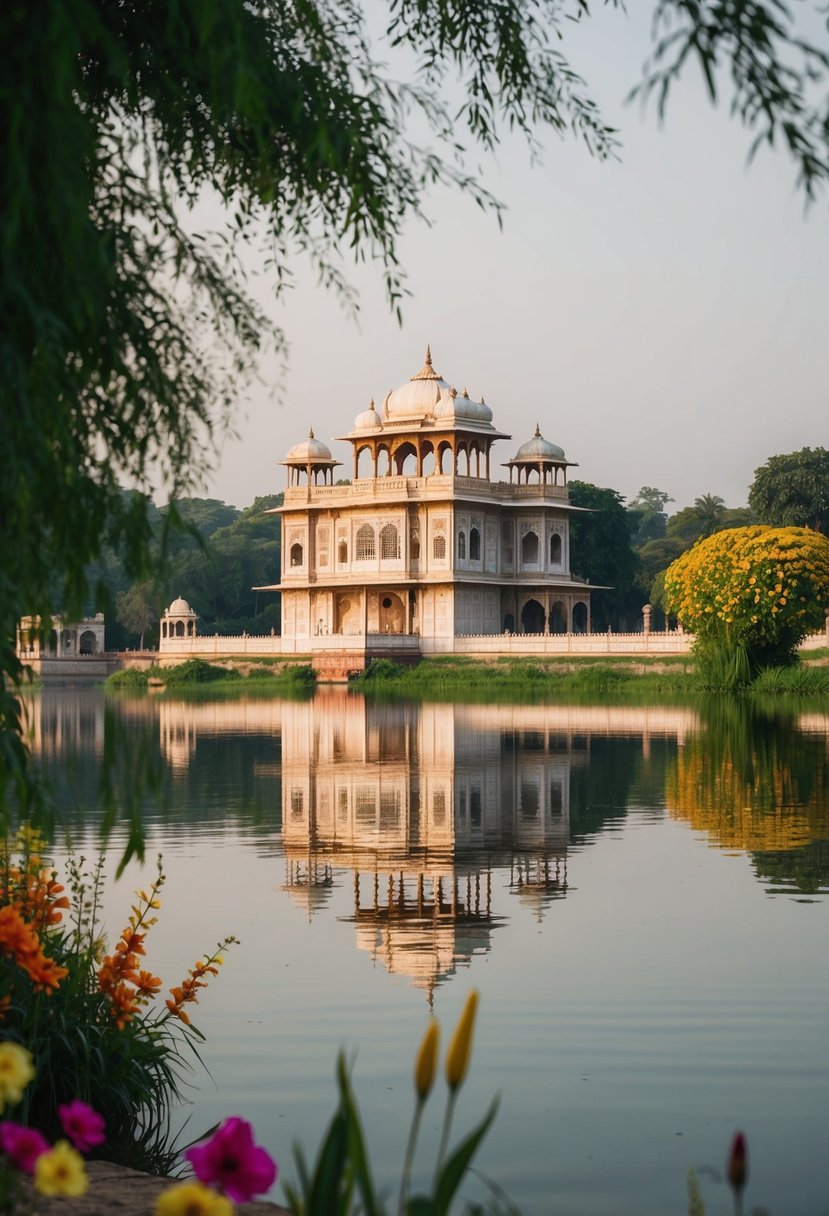 A serene lake with a grand palace reflecting in the calm waters, surrounded by lush greenery and colorful flowers in Udaipur, India