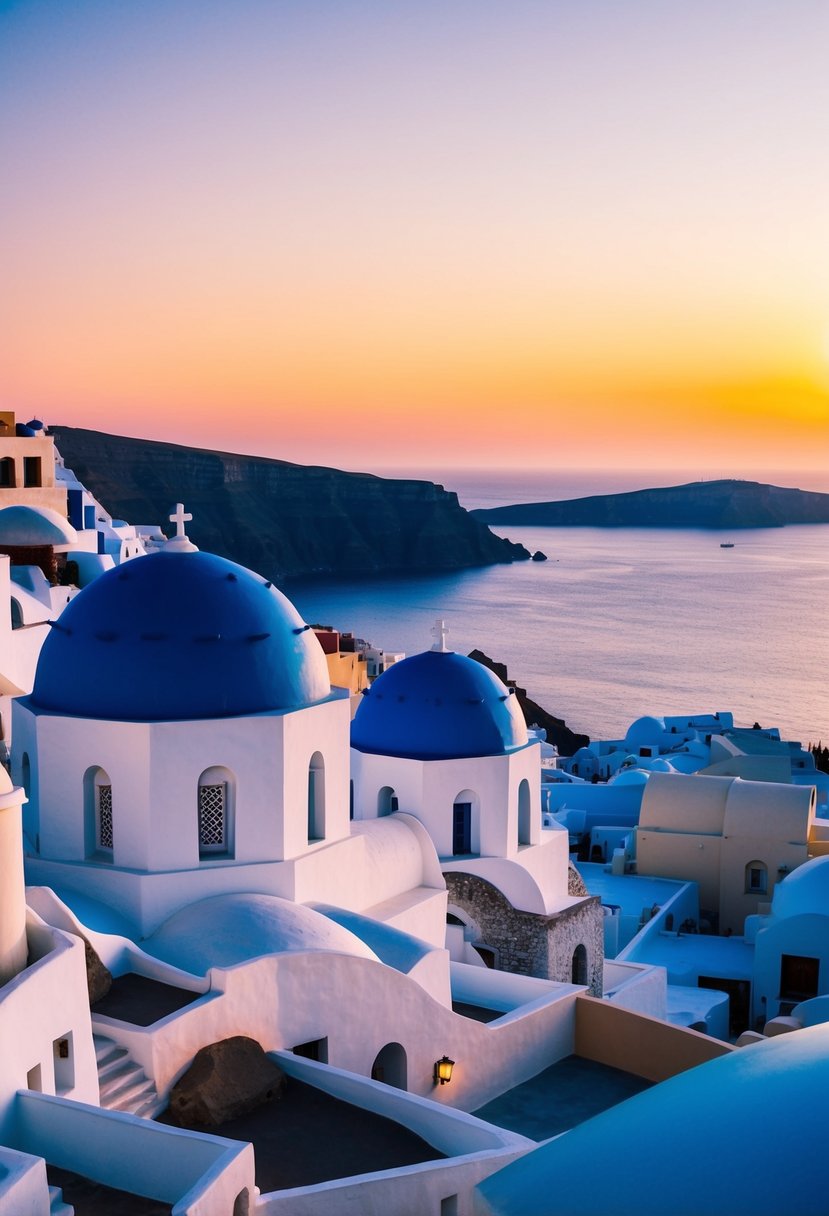 A picturesque sunset over the white-washed buildings of Oia, Santorini, with the iconic blue domes and stunning views of the Aegean Sea