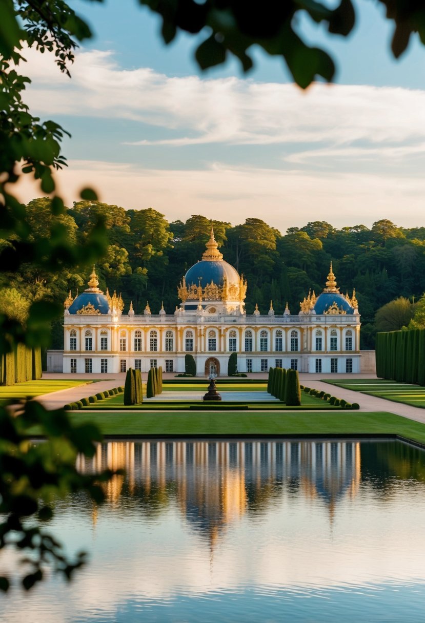 A grand palace with intricate architecture surrounded by lush gardens and a tranquil lake
