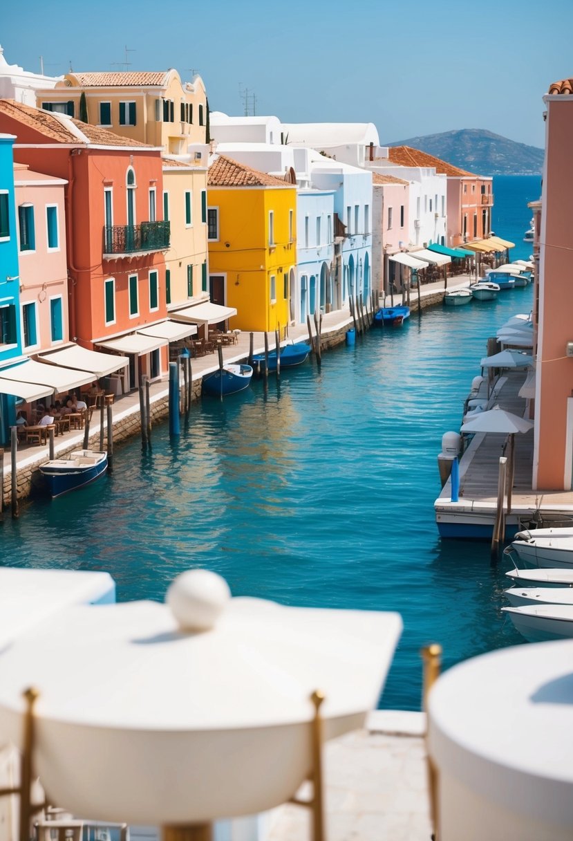 A picturesque scene of colorful buildings lining the waterfront in Little Venice, Mykonos, with the azure waters of the Aegean Sea in the background