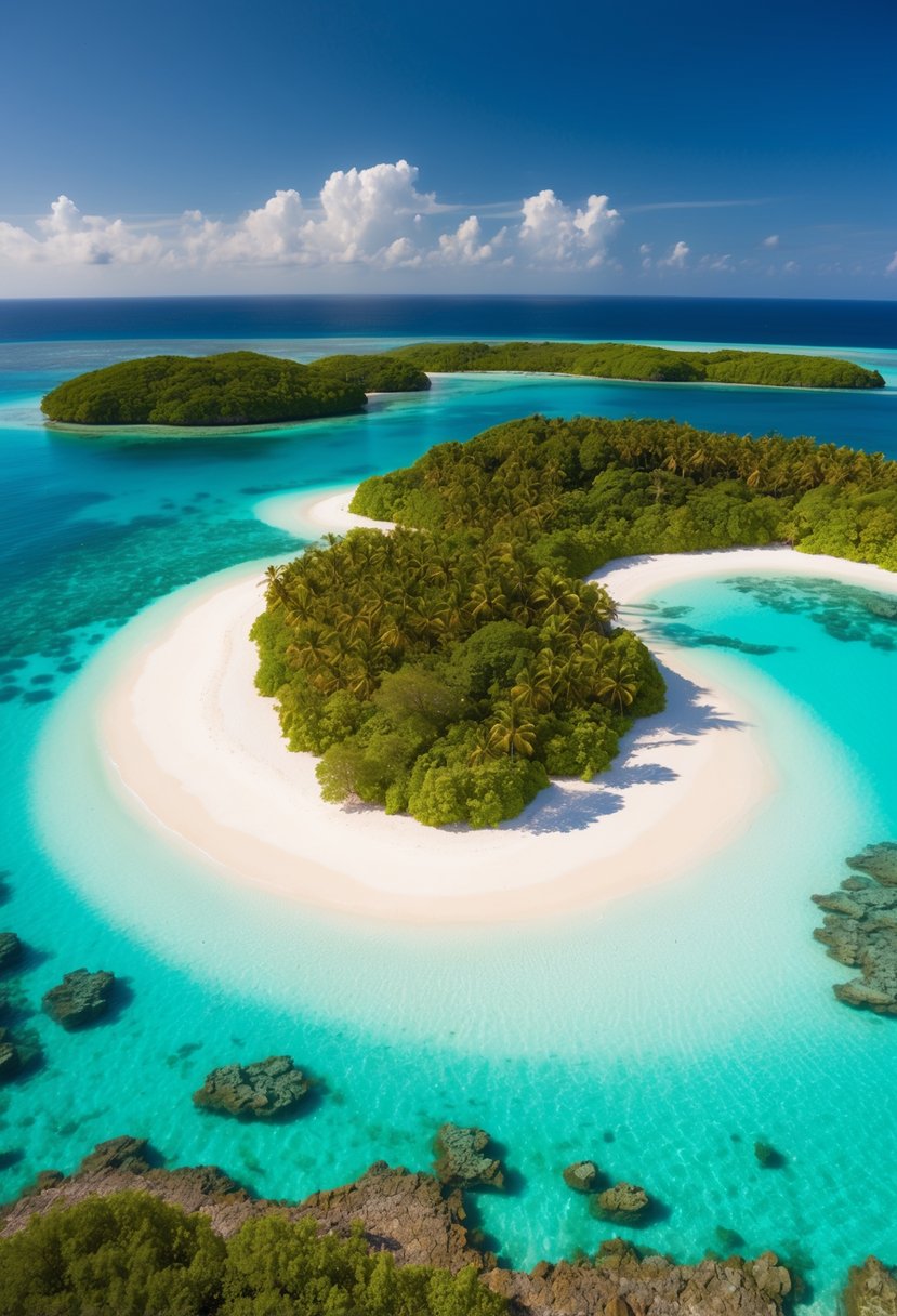 Crystal-clear waters surround lush green islands, with white sandy beaches and colorful coral reefs. A serene, romantic atmosphere perfect for a honeymoon