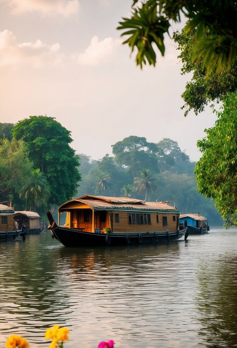 A serene backwater with lush greenery, traditional houseboats, and colorful flowers in Kerala, India