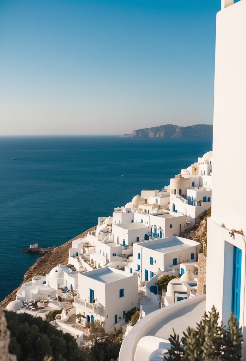 A picturesque view of Lindos in Rhodes, Greece, with white buildings cascading down the hillside towards the crystal-clear blue waters of the Aegean Sea