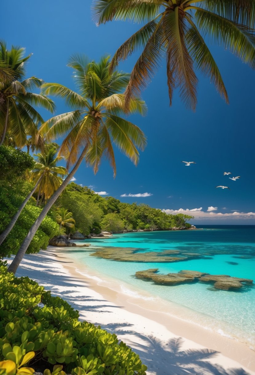 Lush, palm-fringed beaches meet crystal-clear waters, with colorful coral reefs visible below. Sunlight dapples the sand, as tropical birds flit through the trees