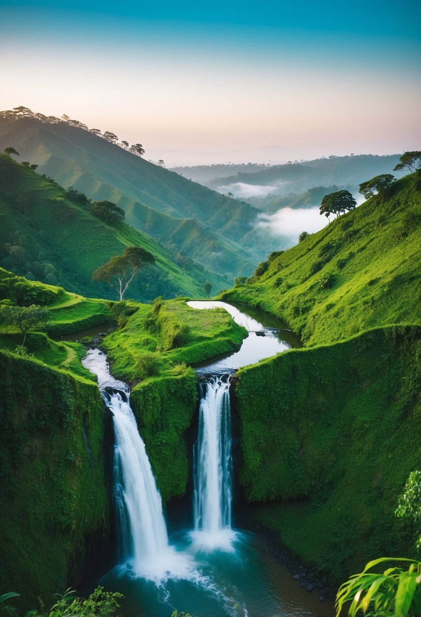 Lush green hills, cascading waterfalls, and misty valleys of Coorg, India. A serene escape for honeymooners