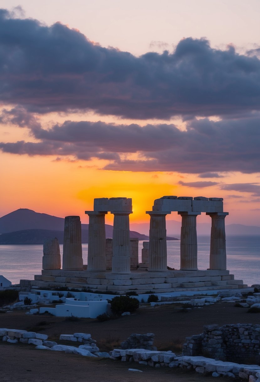 A sunset over the ancient ruins of Portara on the island of Naxos, Greece