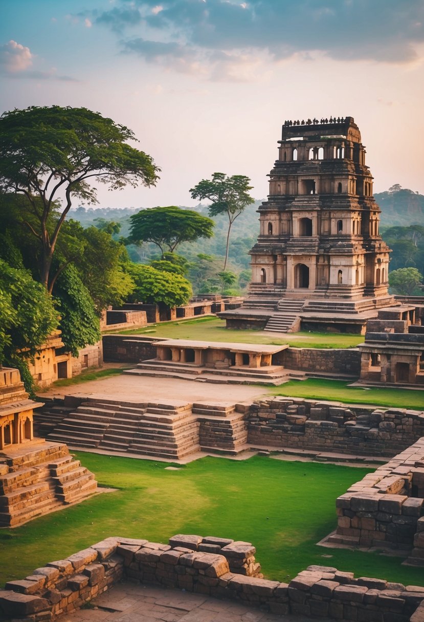 The ancient ruins of Hampi, India, surrounded by lush greenery and towering stone structures, create a serene and romantic backdrop for a heritage honeymoon destination