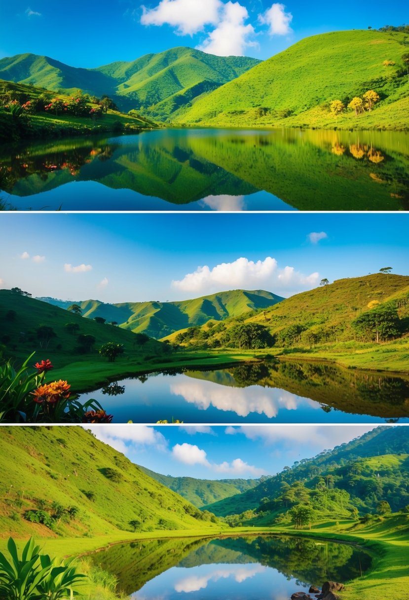 Lush green hills and valleys in Coorg, India. A serene lake reflects the blue sky, surrounded by colorful flowers and exotic wildlife