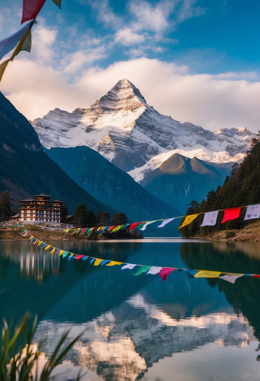 A serene, snow-capped mountain range overlooks a tranquil lake, surrounded by colorful prayer flags fluttering in the wind