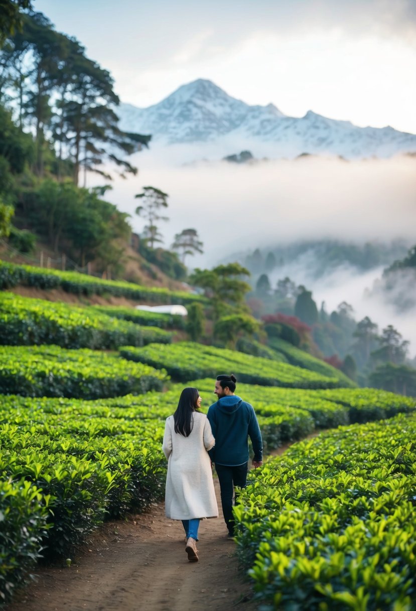 A couple strolling through lush tea gardens in the misty hills of Darjeeling, with the snow-capped Himalayas in the background