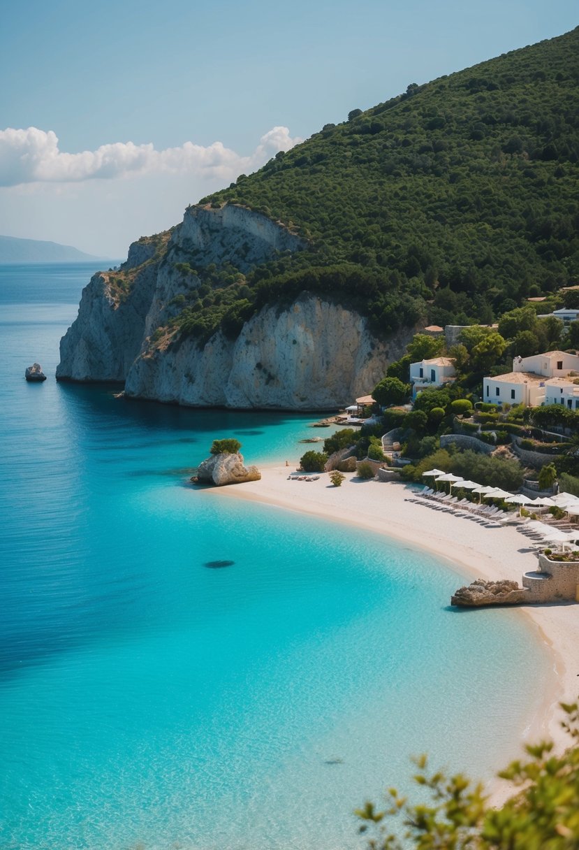 A serene beach cove in Paleokastritsa, Corfu, with crystal-clear turquoise waters, lush green cliffs, and a picturesque white sand beach