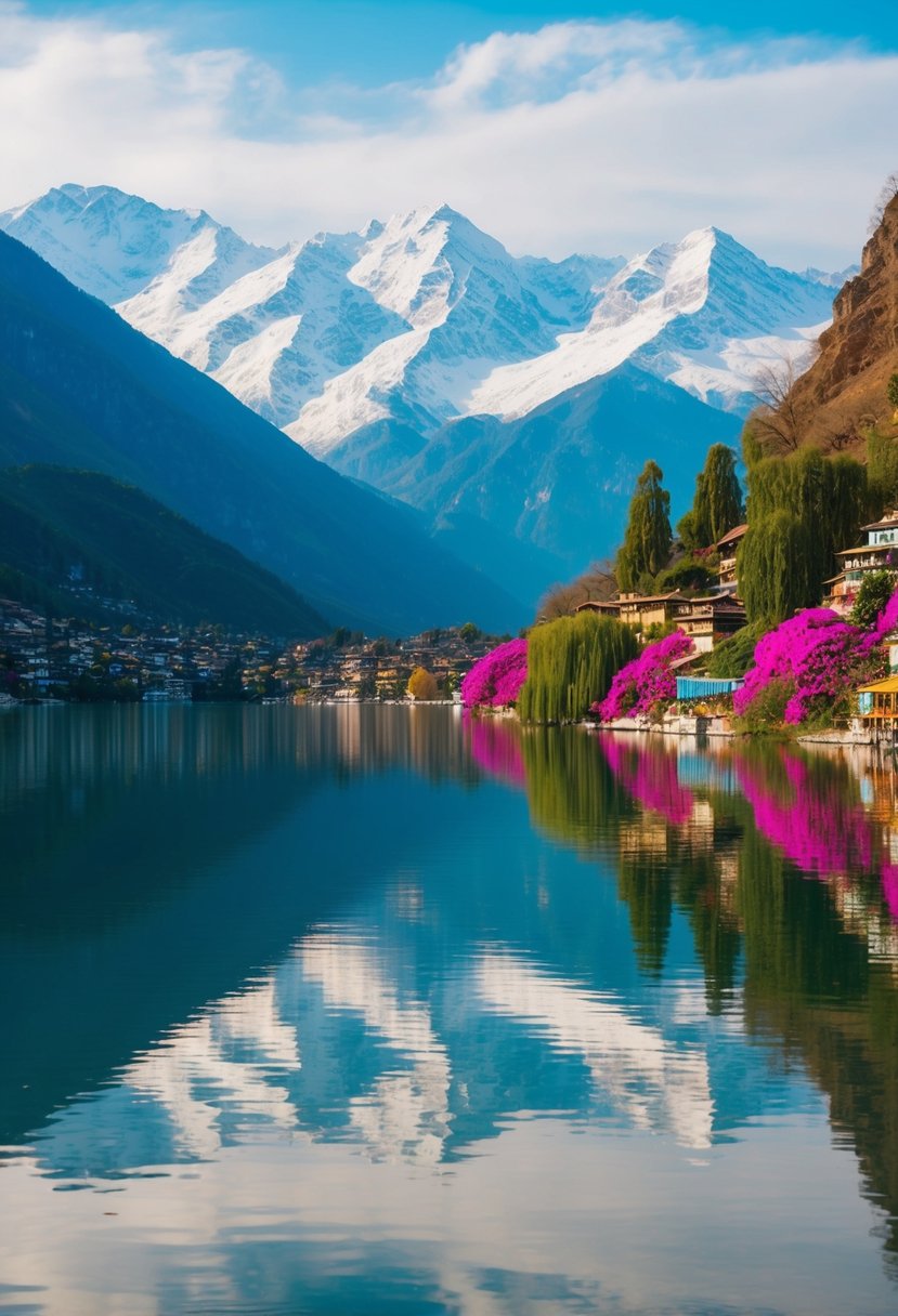 A serene lake reflects the snow-capped mountains and vibrant flowers of Srinagar, India, creating a picturesque romantic honeymoon destination