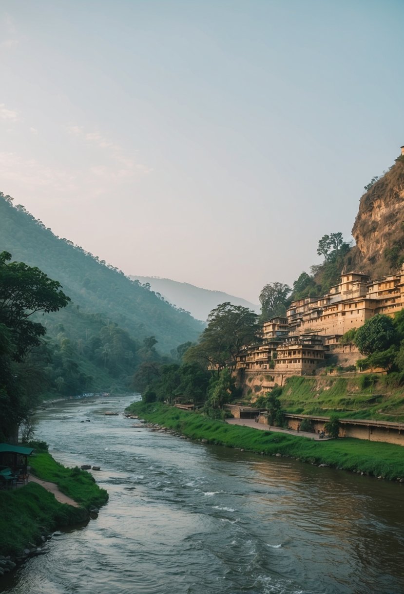 A serene riverside retreat in Rishikesh, India, with lush greenery, a flowing river, and a tranquil atmosphere