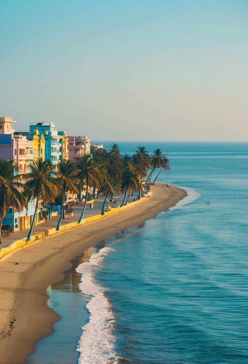A serene beach with colorful buildings and palm trees lining the shore, overlooking the clear blue waters of the Bay of Bengal