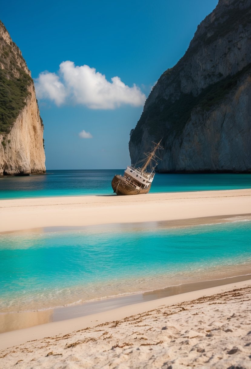 A secluded sandy beach with turquoise waters, surrounded by towering cliffs and a shipwreck nestled in the sand
