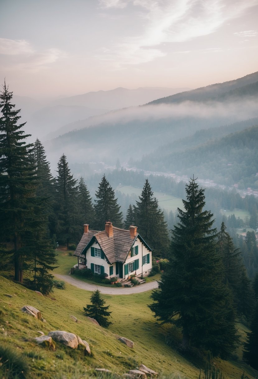 A cozy colonial-era cottage nestled among pine trees in the misty hills of Shimla, with a panoramic view of the lush valley below