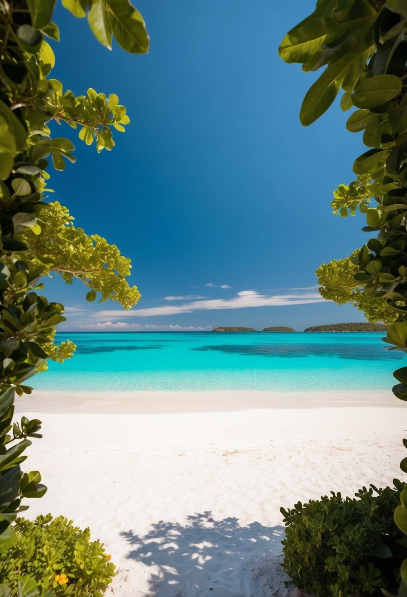 A pristine beach with crystal-clear turquoise waters and soft white sand, framed by lush greenery and a clear blue sky