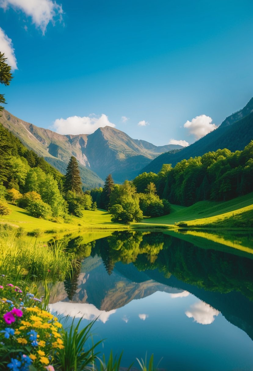 A serene mountain view with lush greenery, colorful flowers, and a tranquil lake reflecting the clear blue sky