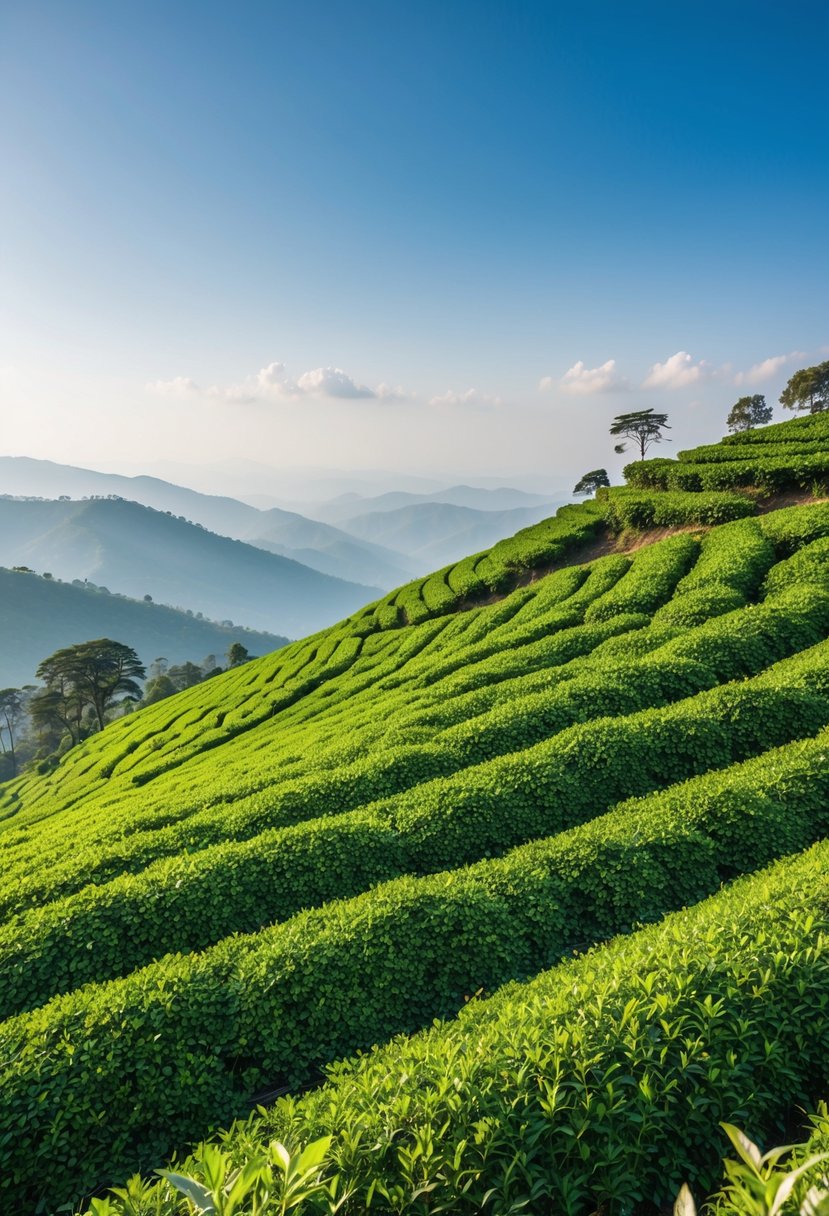 Rolling hills of lush green tea bushes in Darjeeling, India. A clear blue sky overhead and a peaceful, serene atmosphere
